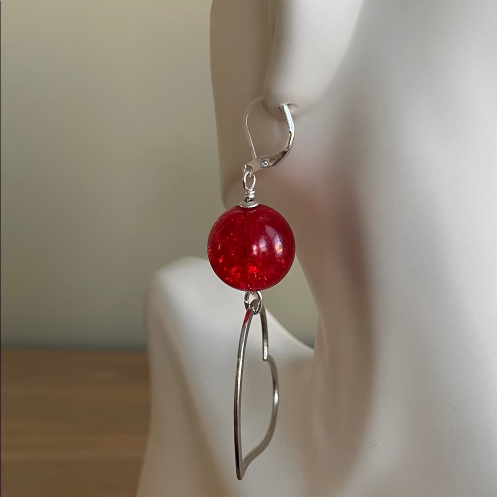 HAND CRAFTED OPEN HEART DANGLE EARRINGS WITH RED CRACKLE BEADS Boho Heart Drops - Picture 5 of 8